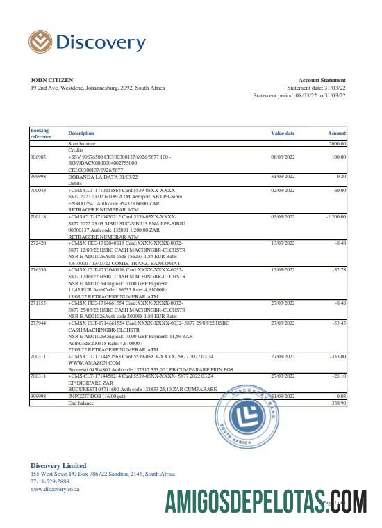 Extrato bancário do Discovery da África do Sul para download, modelo Excel e PDF